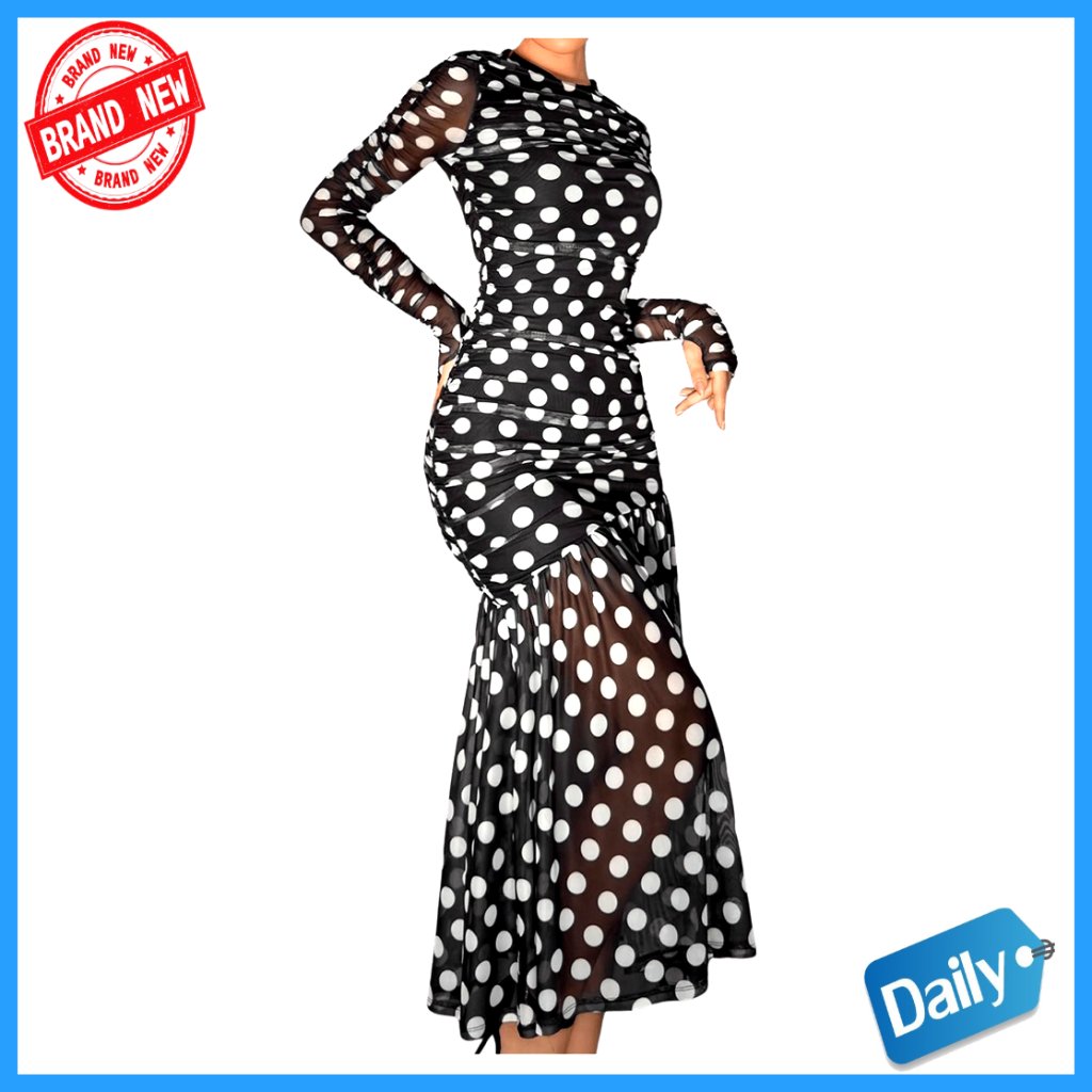 Polka Dot Mesh Layered Bodycon Dress Long Sleeve Ruched Slim Fit